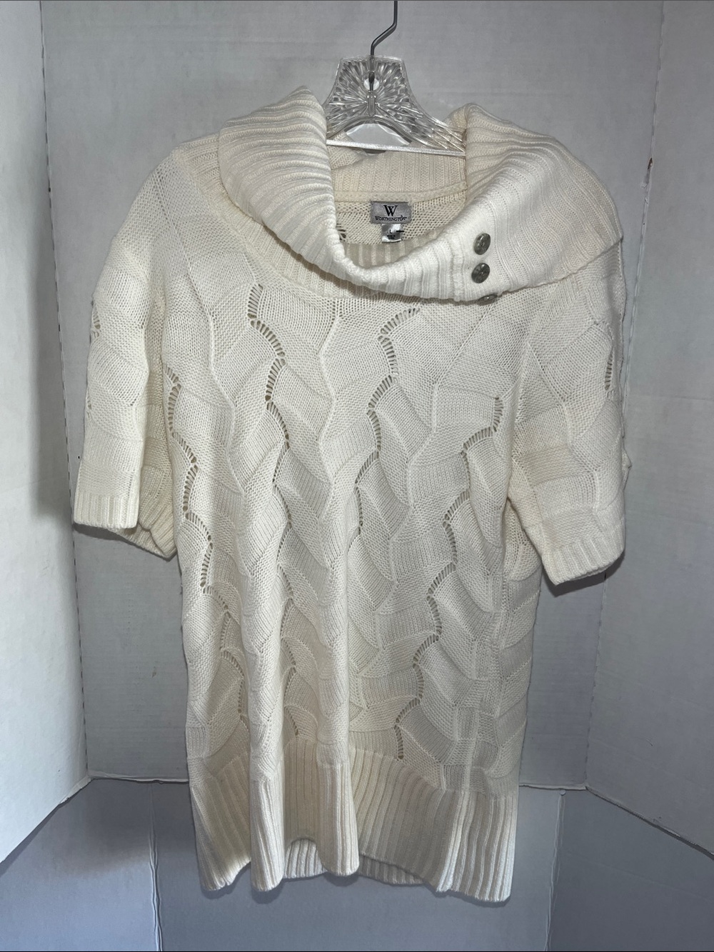 Worthington Ivory Cable-Knit Short Sleeve Sweater with Folded Collar
